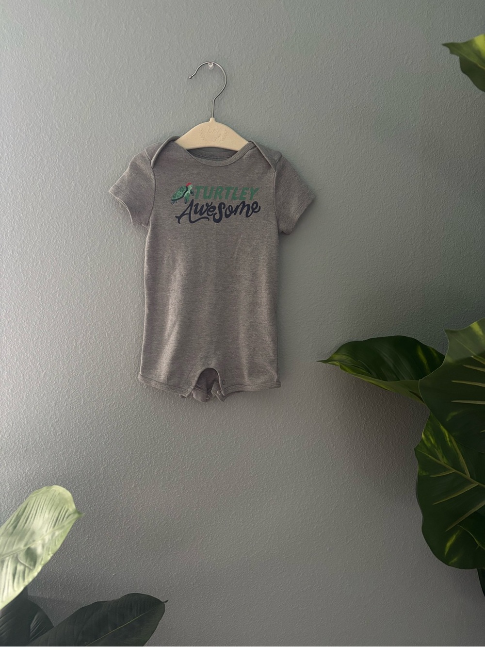 Old Navy Gray 'Turtley Awesome' Baby One-Piece with Green Turtle Accent